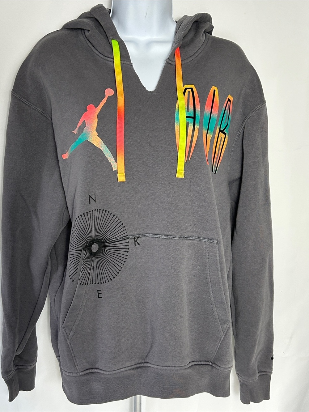 Air Jordan Women’s Size Small Gray Hoodie Multicolor Graphics Front and Back